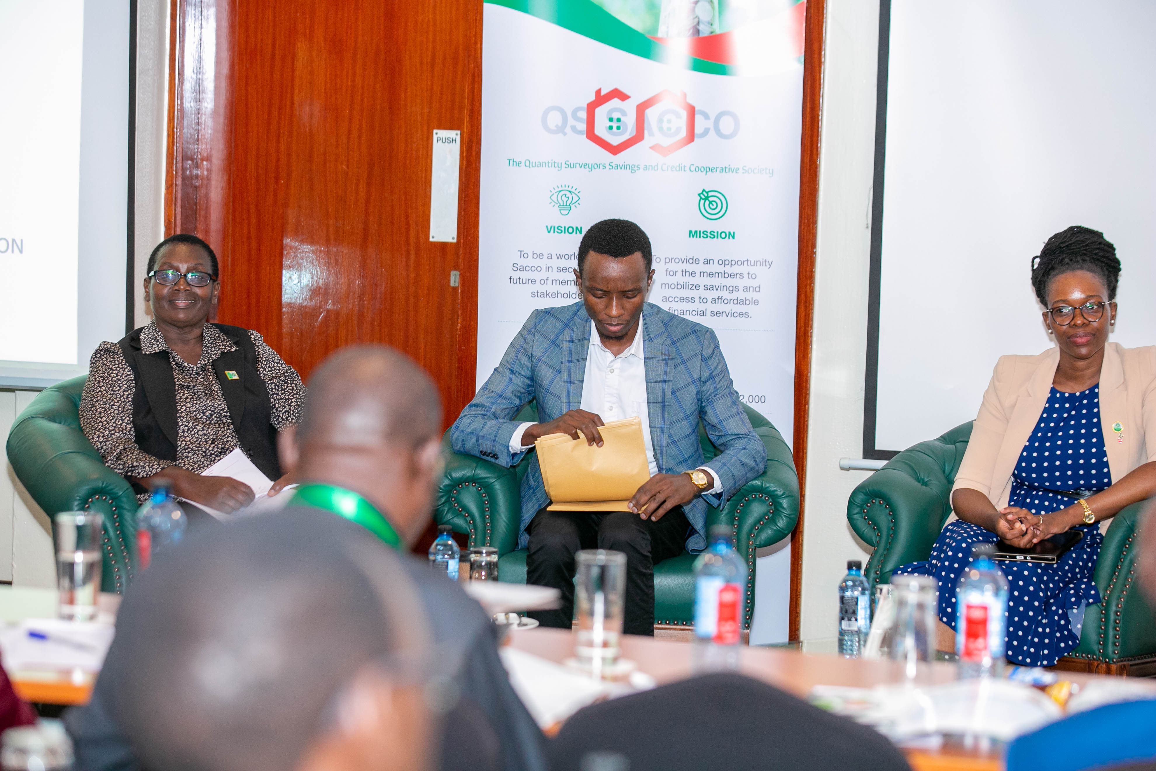Commissioners at the stage of the 2024 Annual General Meeting of IQSK held at Sarova Panafric, Nairobi. From left: Commissioner Qs. Gladys Wahome, Commissioner Grad. Qs. Ernest Nyakundi, and Commissioner Qs. Portia Kabau